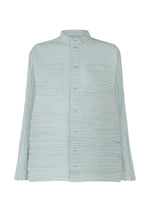 The SHIBARI SHIRT by HaaT is light blue with long sleeves, a mandarin collar, horizontal pleats, and two chest pockets. Made from recycled polyester, it offers a relaxed fit for effortless style. - PALE BLUE （no.71）