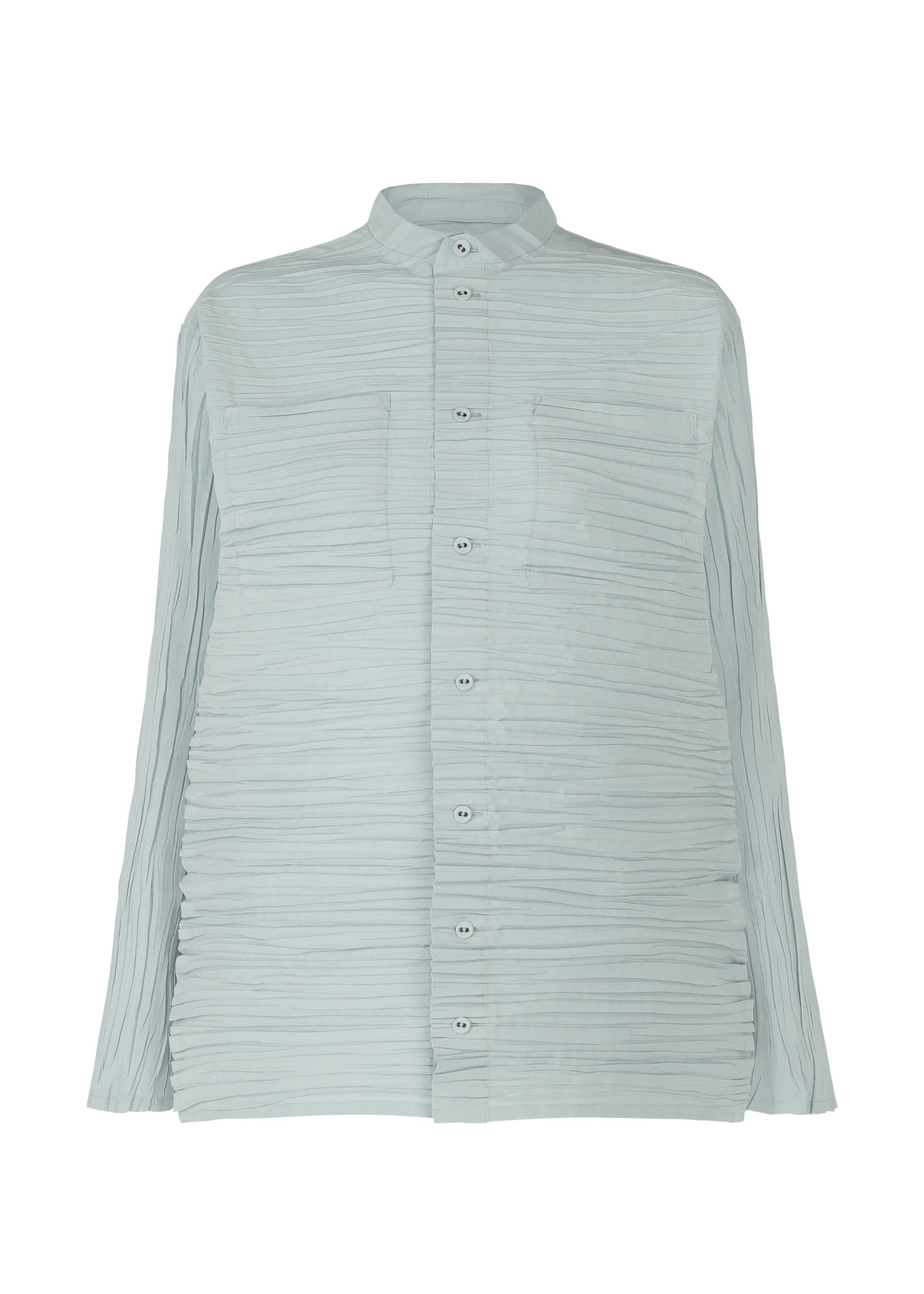 Zoomed view The SHIBARI SHIRT by HaaT is light blue with long sleeves, a mandarin collar, horizontal pleats, and two chest pockets. Made from recycled polyester, it offers a relaxed fit for effortless style. - PALE BLUE （no.71）