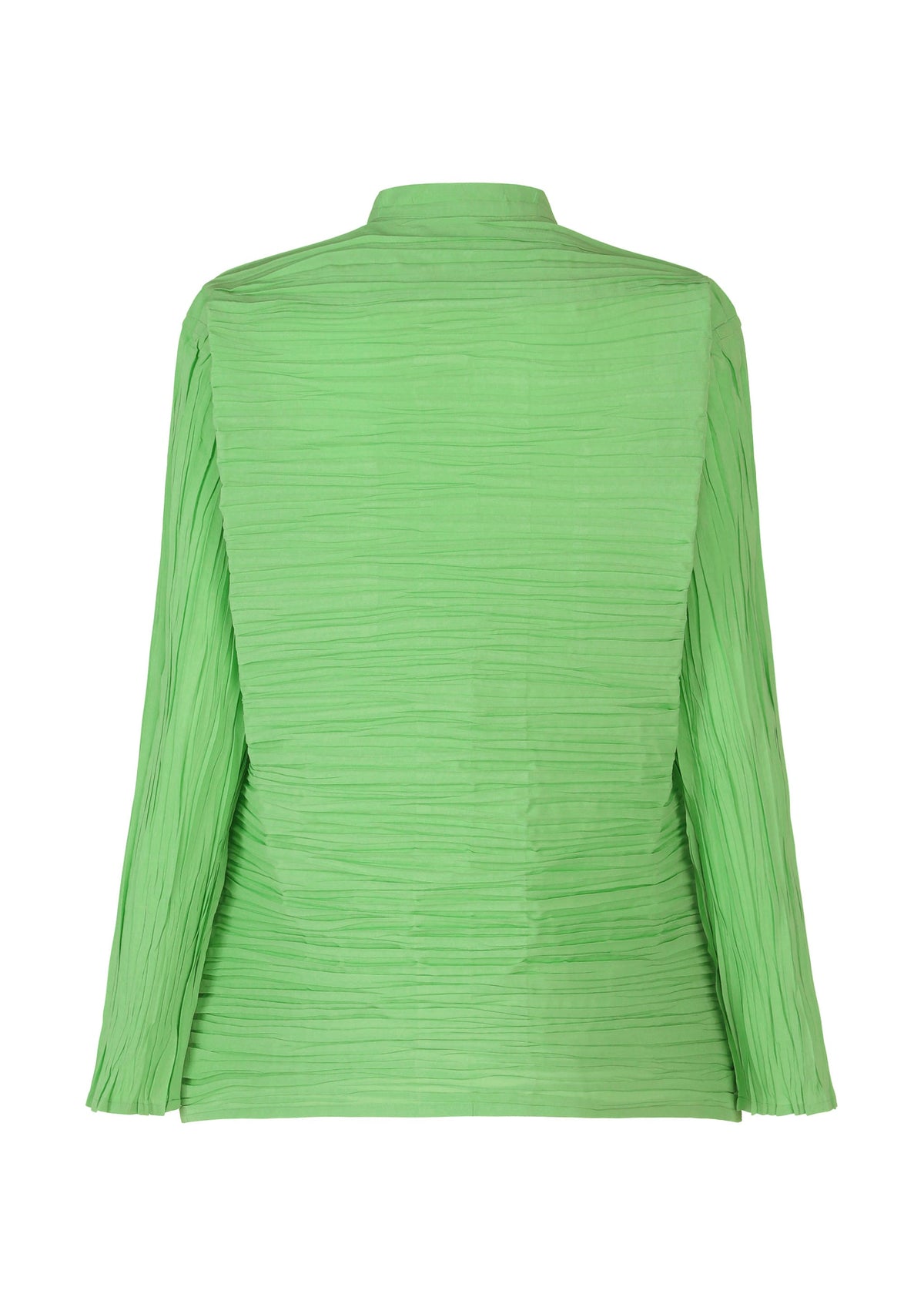 Back view of the HaaT SHIBARI SHIRT—a long-sleeved, light green pleated blouse with a collar and straight hem. Made from recycled polyester, its textured fabric features a distinctive Shibari-inspired crinkled finish. view 5 of 10