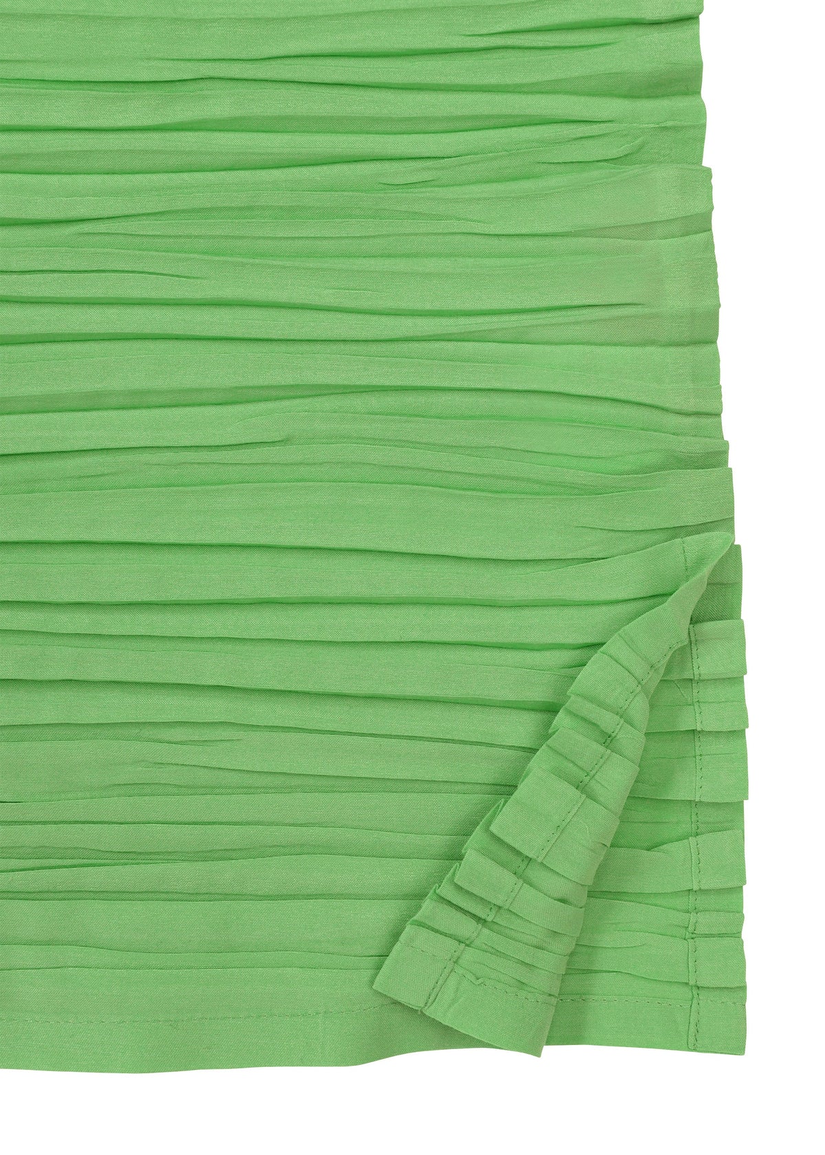 Close-up of HaaT's SHIBARI SHIRT in green recycled polyester, showing horizontal pleats. A fold at the bottom right is slightly lifted, revealing the layered detail typical of this long-sleeved design. view 6 of 10