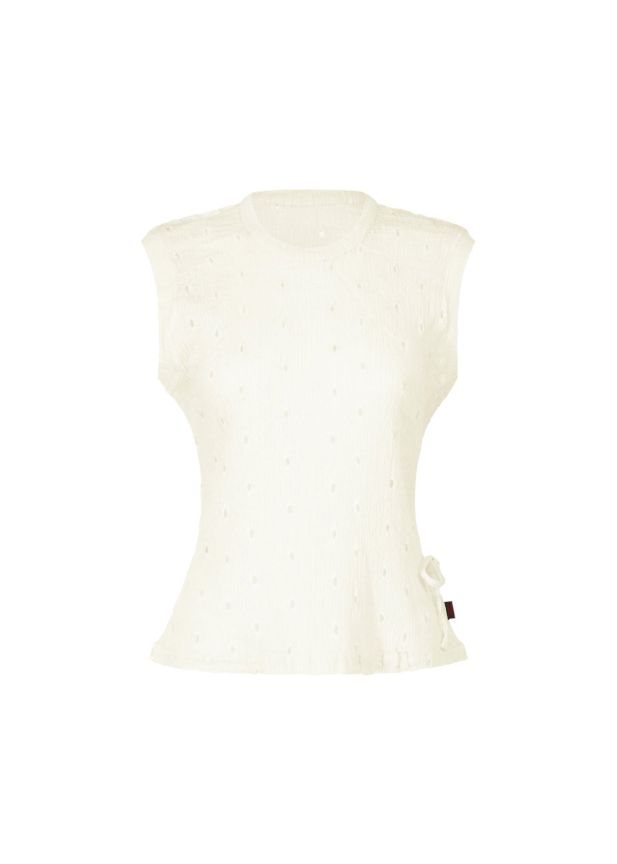 The HaaT KYO CHIJIMI TOBIKANNA CADEAU is a sleeveless white knit women’s top featuring a subtle dotted texture, round neckline, and small bow near the hem, shown against a plain white background. view 1 of 10