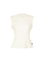 The HaaT KYO CHIJIMI TOBIKANNA CADEAU is a sleeveless white knit women’s top featuring a subtle dotted texture, round neckline, and small bow near the hem, shown against a plain white background. - WHITE （no.01）