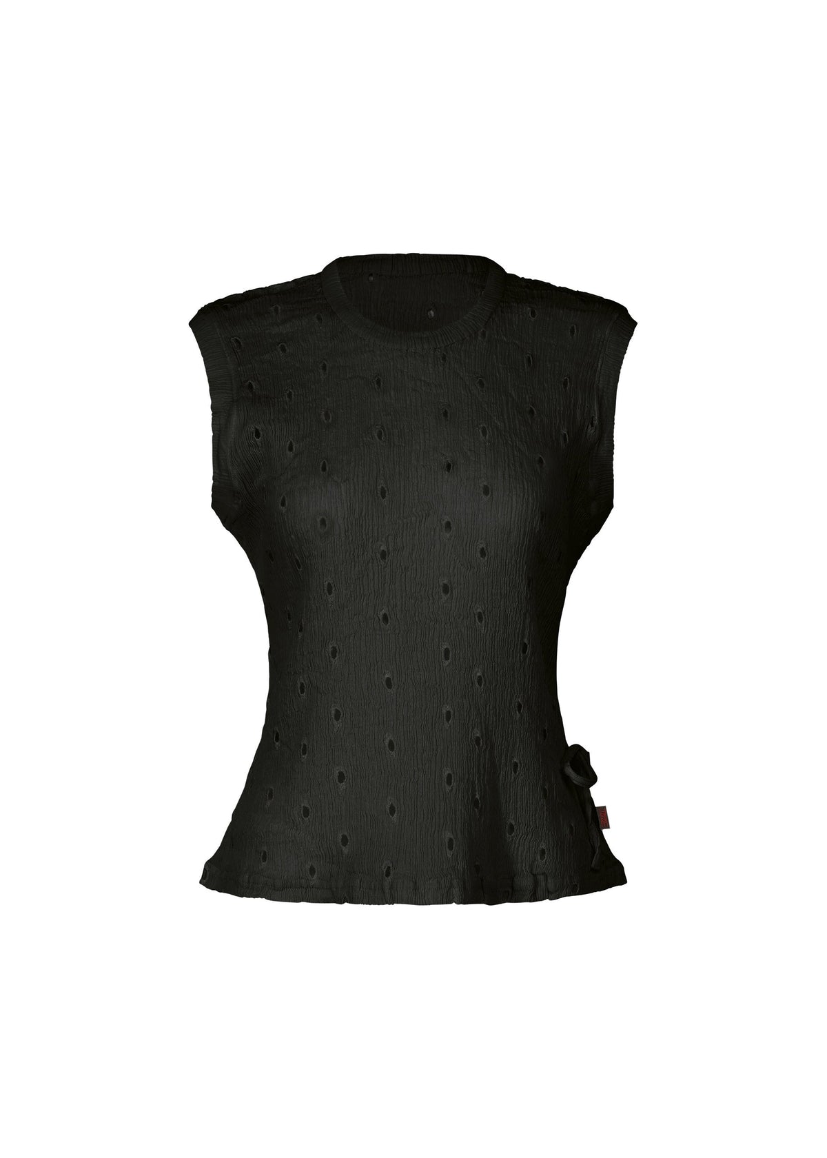 The HaaT KYO CHIJIMI TOBIKANNA CADEAU is a sleeveless black women's top with textured circular patterns, a fitted waist, and small side bow detail. It features subtle Tobikanna embroidery and is lightweight for comfortable wear. view 2 of 10