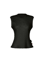 The HaaT KYO CHIJIMI TOBIKANNA CADEAU is a sleeveless black women's top with textured circular patterns, a fitted waist, and small side bow detail. It features subtle Tobikanna embroidery and is lightweight for comfortable wear. - BLACK （no.15）