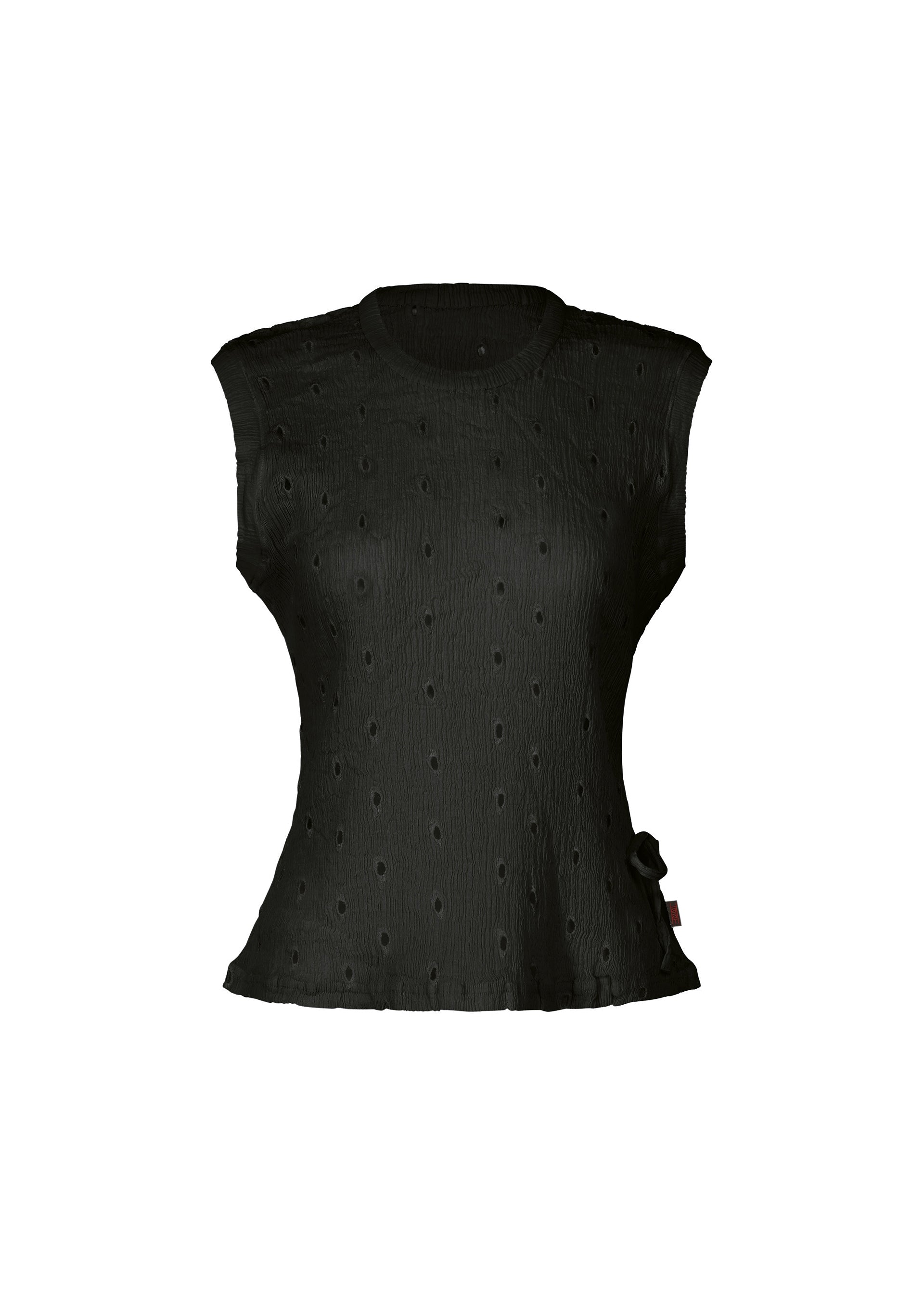 Zoomed view The HaaT KYO CHIJIMI TOBIKANNA CADEAU is a sleeveless black women's top with textured circular patterns, a fitted waist, and small side bow detail. It features subtle Tobikanna embroidery and is lightweight for comfortable wear. - BLACK （no.15）