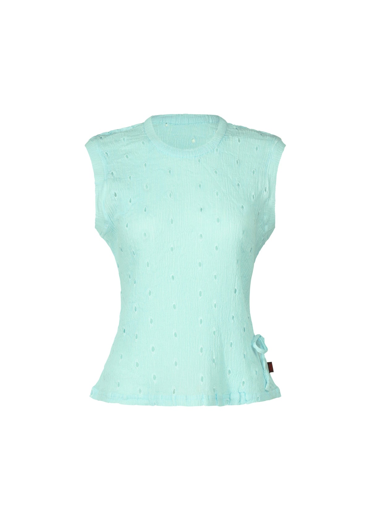 The HaaT KYO CHIJIMI TOBIKANNA CADEAU is a sleeveless light blue top featuring a round neckline, small dot patterns, Tobikanna embroidery, and a decorative side bow—an ideal lightweight women's piece shown on a white background. view 3 of 10