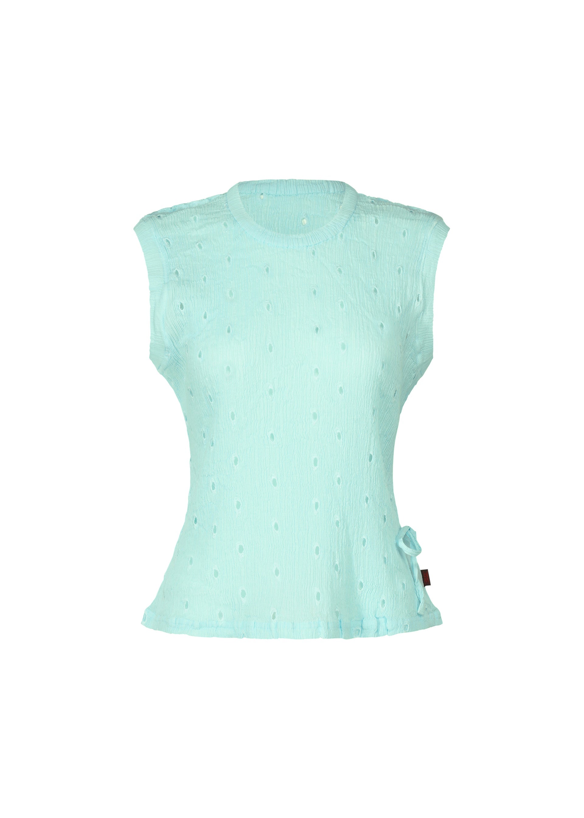 Zoomed view The HaaT KYO CHIJIMI TOBIKANNA CADEAU is a sleeveless light blue top featuring a round neckline, small dot patterns, Tobikanna embroidery, and a decorative side bow—an ideal lightweight women's piece shown on a white background. - LIGHT BLUE （no.70）