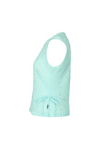 The HaaT KYO CHIJIMI TOBIKANNA CADEAU is a lightweight light blue women's sleeveless halter top with an eyelet pattern, deep V-neckline, and drawstring waist, shown on a white background.