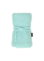 The HaaT KYO CHIJIMI TOBIKANNA CADEAU is a light blue, textured muslin baby blanket with small Tobikanna-style embroidered dots, rolled up with a matching ribbon and featuring a black and red side tag, displayed on a white background.