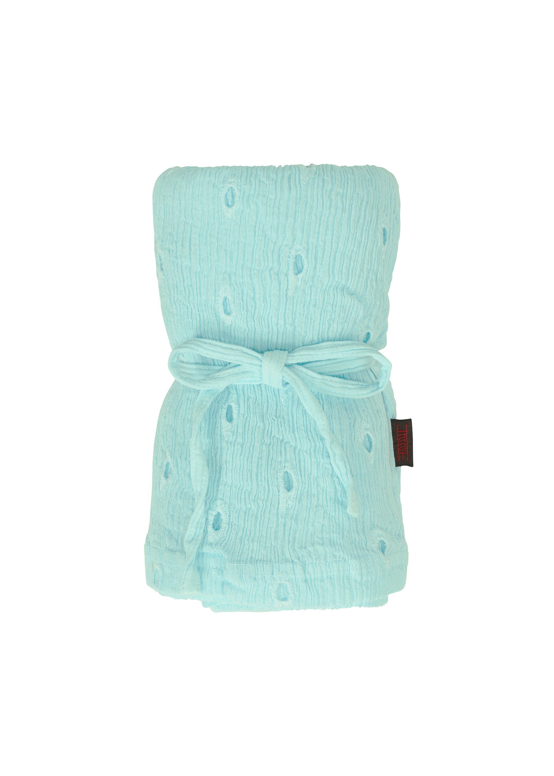 Zoomed view The HaaT KYO CHIJIMI TOBIKANNA CADEAU is a light blue, textured muslin baby blanket with small Tobikanna-style embroidered dots, rolled up with a matching ribbon and featuring a black and red side tag, displayed on a white background.