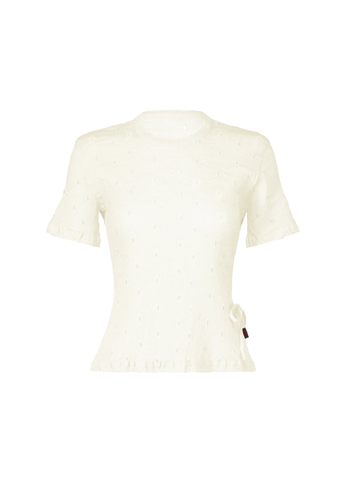 The HaaT KYO CHIJIMI TOBIKANNA CADEAU is a short-sleeved white textured knit top with a round neckline, subtle dot pattern, Tobikanna embroidery, and a small bow detail on the lower side. view 1 of 11