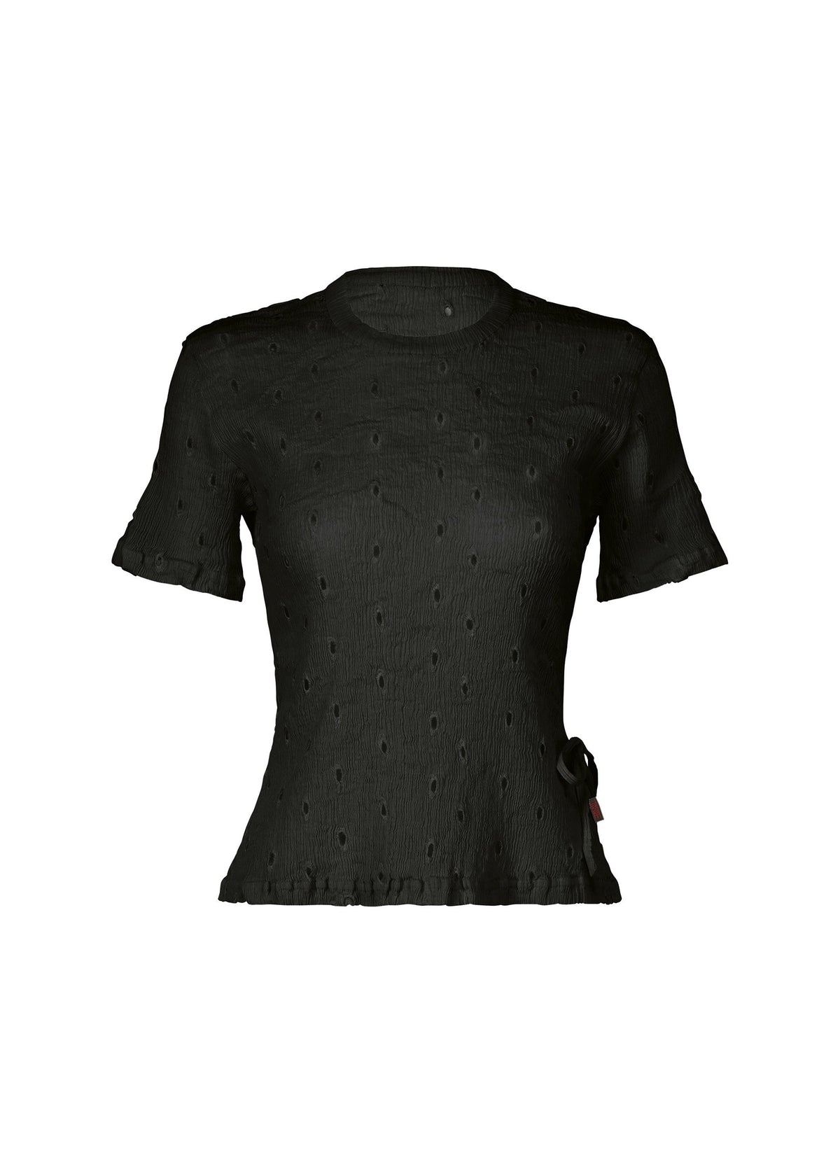The KYO CHIJIMI TOBIKANNA CADEAU top by HaaT is a black, short-sleeve piece with a semi-sheer dotted texture, fitted waist, and small ruffle at the hem—bringing elegant KYO CHIJIMI-inspired style to any look. view 2 of 11
