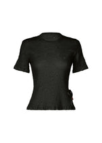 The KYO CHIJIMI TOBIKANNA CADEAU top by HaaT is a black, short-sleeve piece with a semi-sheer dotted texture, fitted waist, and small ruffle at the hem—bringing elegant KYO CHIJIMI-inspired style to any look. - BLACK （no.15）