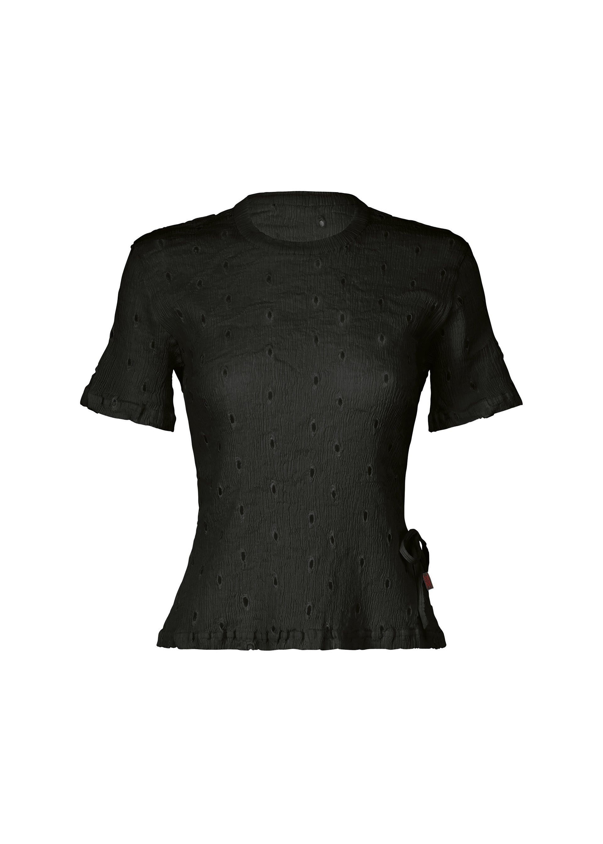 Zoomed view The KYO CHIJIMI TOBIKANNA CADEAU top by HaaT is a black, short-sleeve piece with a semi-sheer dotted texture, fitted waist, and small ruffle at the hem—bringing elegant KYO CHIJIMI-inspired style to any look. - BLACK （no.15）