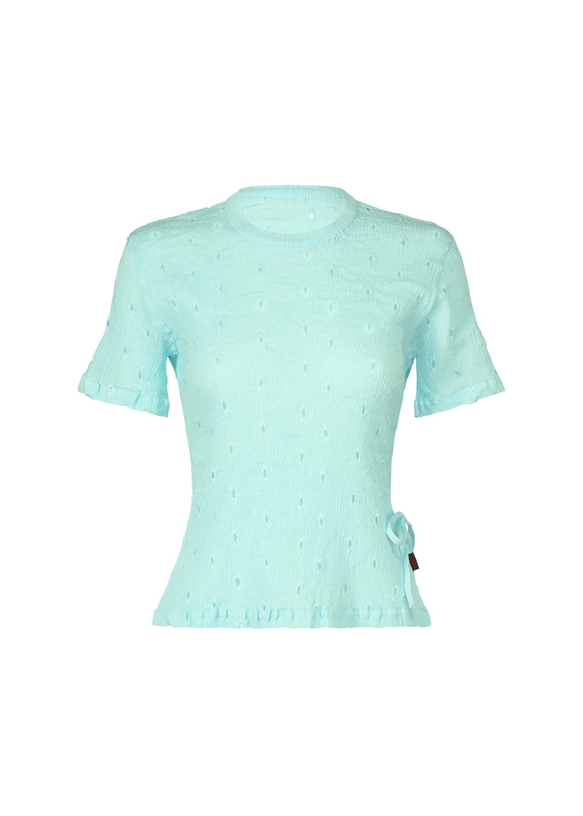 The HaaT KYO CHIJIMI TOBIKANNA CADEAU is a light blue short-sleeve top with a round neckline, subtle dot pattern, slight hem ruffle, and a small bow accent near the left waist. view 3 of 11