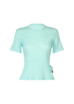 The HaaT KYO CHIJIMI TOBIKANNA CADEAU is a light blue short-sleeve top with a round neckline, subtle dot pattern, slight hem ruffle, and a small bow accent near the left waist. - LIGHT BLUE （no.70）