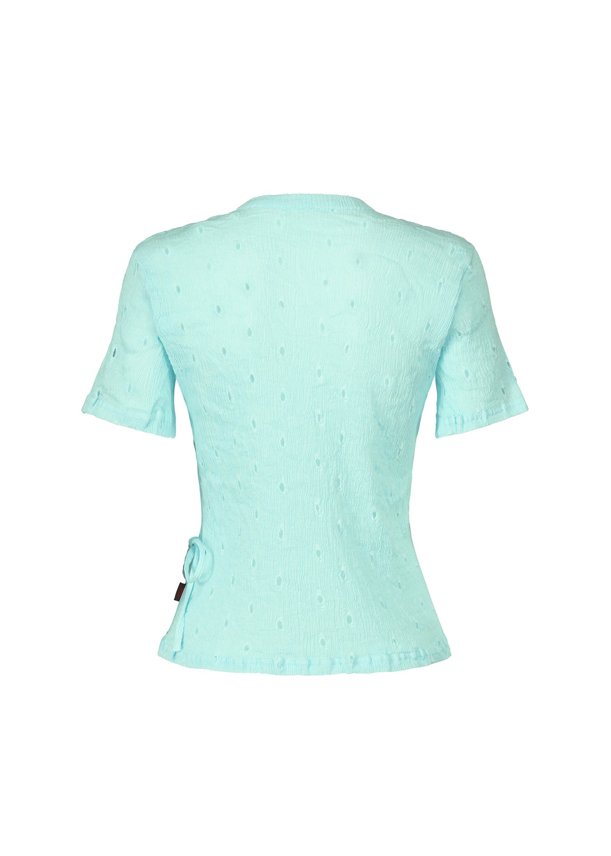 The KYO CHIJIMI TOBIKANNA CADEAU by HaaT is a light blue short-sleeve top with small raised dots, a fitted waist, Tobikanna embroidery, and a side tie detail, shown from the back on a white background. view 4 of 11