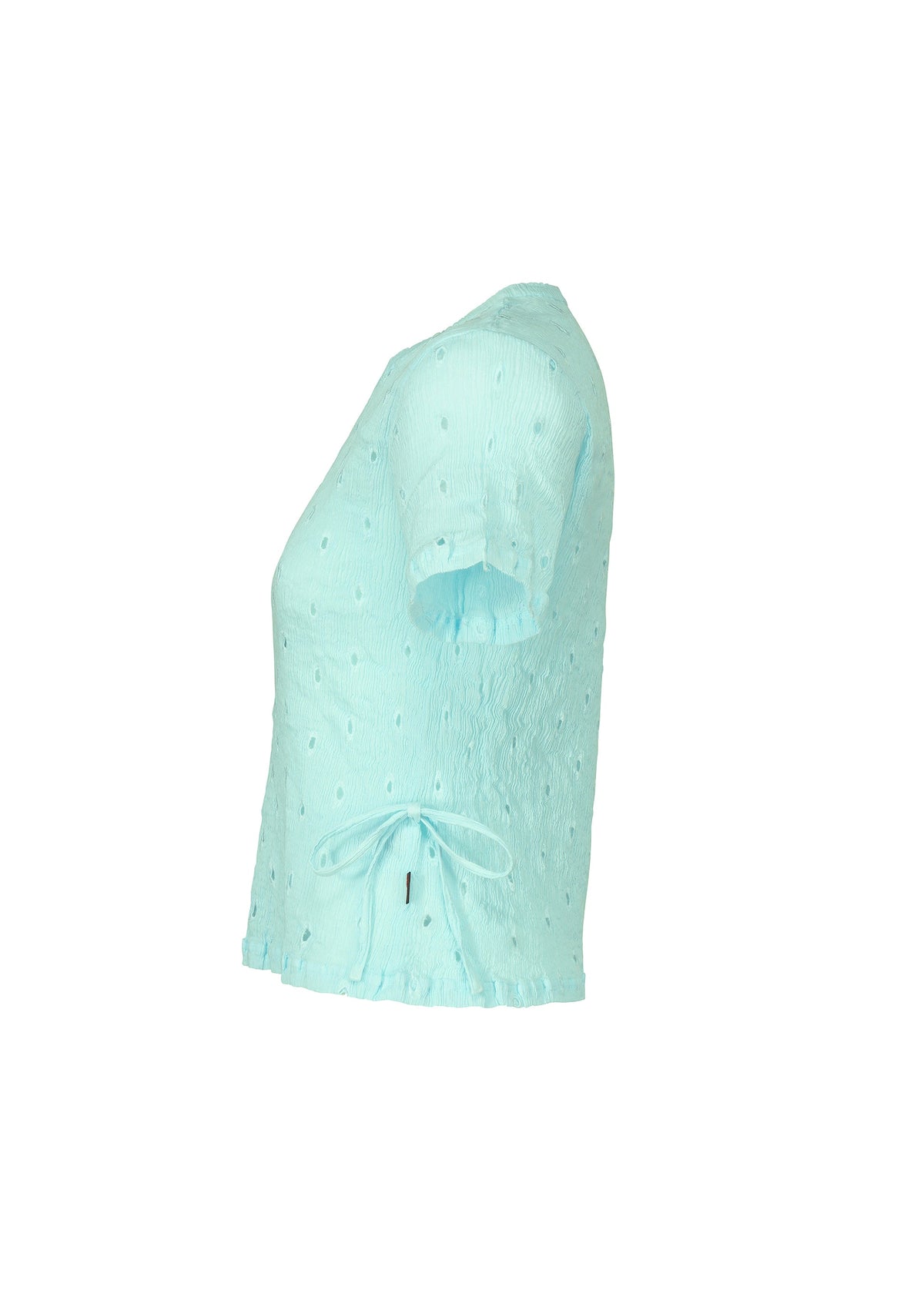 Light blue HaaT KYO CHIJIMI TOBIKANNA CADEAU short-sleeve top shown from the side, with dot patterns inspired by Tobikanna embroidery and a tied waist drawstring. Photographed against a plain white background. view 5 of 11