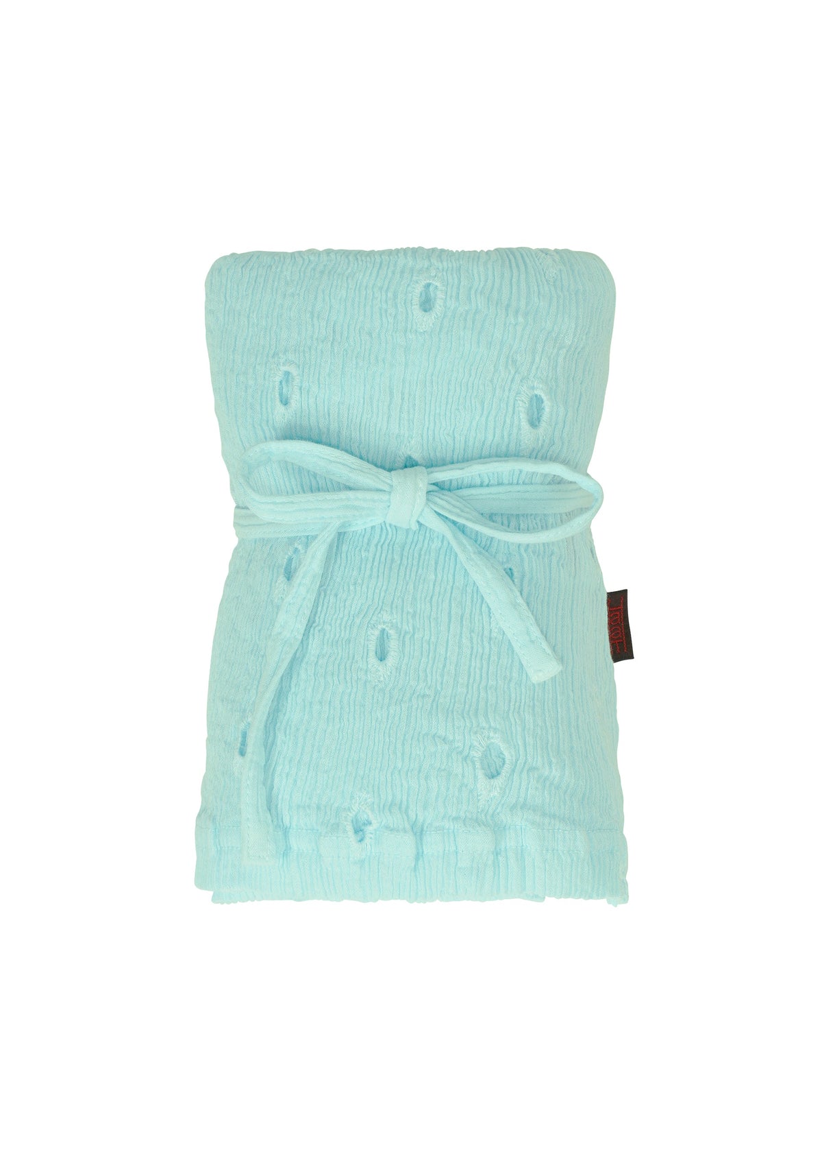 The HaaT KYO CHIJIMI TOBIKANNA CADEAU is a light blue textured blanket featuring a raised dot pattern, inspired by Tobikanna embroidery, neatly folded and tied with a matching fabric bow against a white background. view 6 of 11