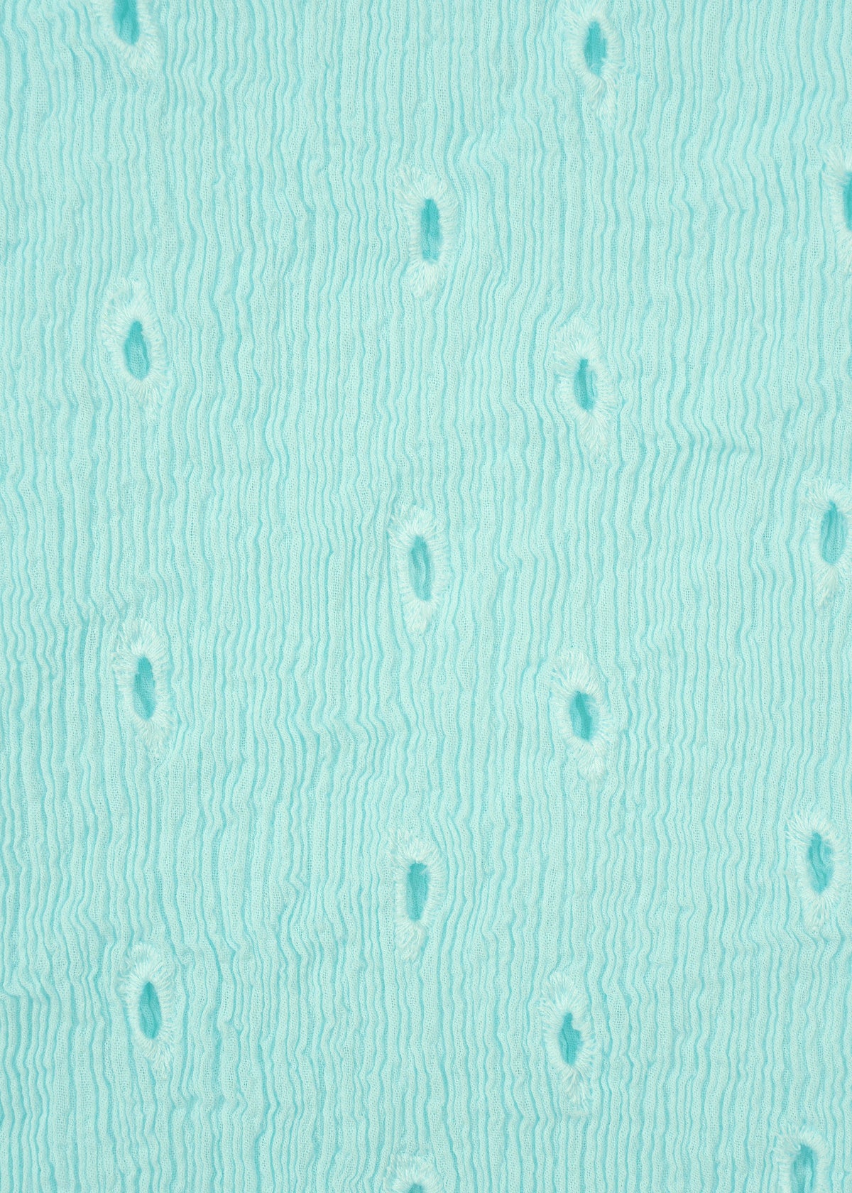 Light turquoise surface with a wavy, textured pattern and small oval indentations evokes Tobikanna embroidery or stylized ostrich leather, as seen on the HaaT KYO CHIJIMI TOBIKANNA CADEAU short-sleeve top. view 7 of 11