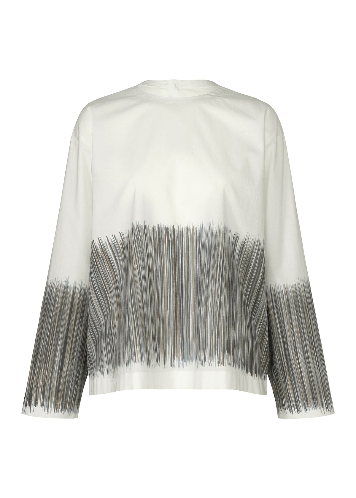 The HaaT SAZANAMI is a white organic cotton lawn long-sleeve top, featuring a loose fit and vertical black and gray brushstroke patterns on the lower back and sleeves, evoking Kyoto artisan hand-painting. view 1 of 9