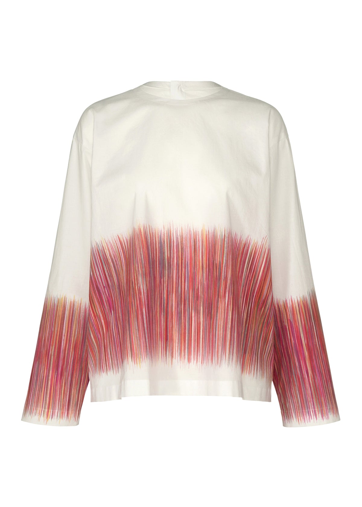 The HaaT SAZANAMI is a long-sleeve white top in organic cotton lawn, hand-painted with pink, red, and purple vertical brushstrokes around the waist and sleeve ends. view 2 of 9