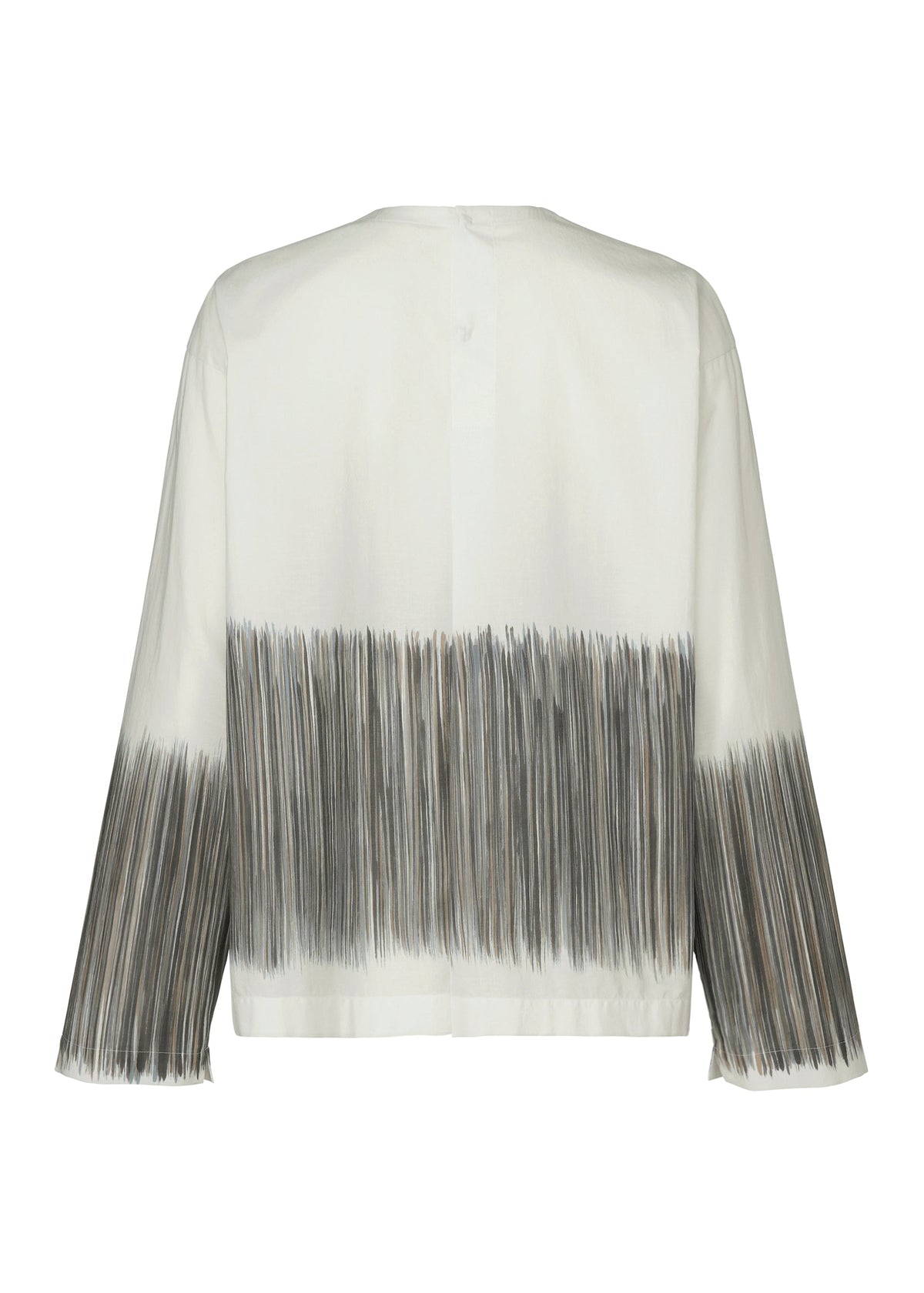 SAZANAMI by HaaT is a white organic cotton long-sleeve top with a loose fit, accented by hand-painted gray and black vertical brushstrokes on the hem and cuffs. The unique design emphasizes the back of the garment. view 4 of 9