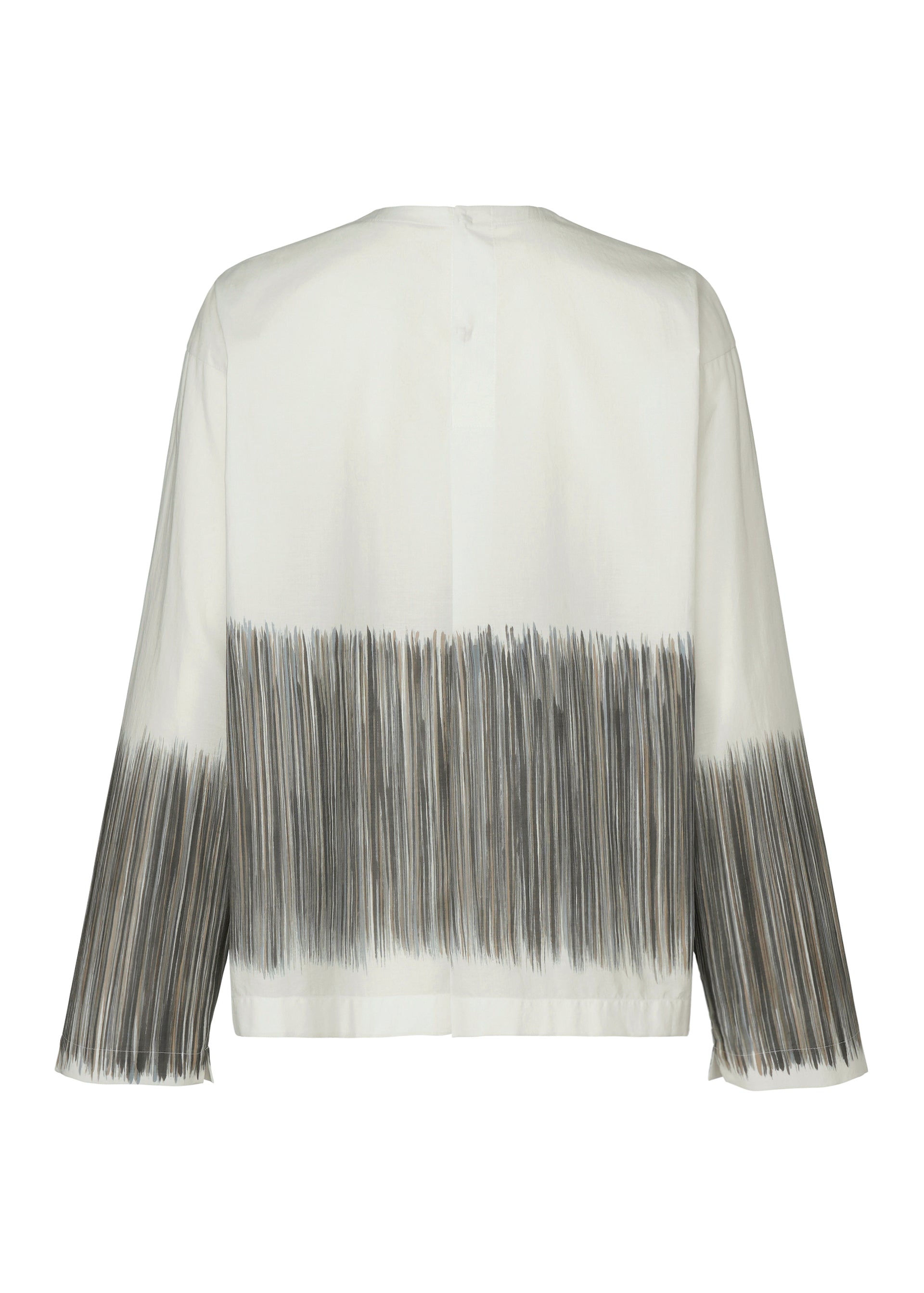 Zoomed view SAZANAMI by HaaT is a white organic cotton long-sleeve top with a loose fit, accented by hand-painted gray and black vertical brushstrokes on the hem and cuffs. The unique design emphasizes the back of the garment.