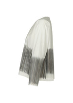 Side view of the SAZANAMI long-sleeve shirt by HaaT, made from white organic cotton and featuring black brushstroke patterns on the lower half and sleeves, displayed against a plain white background.