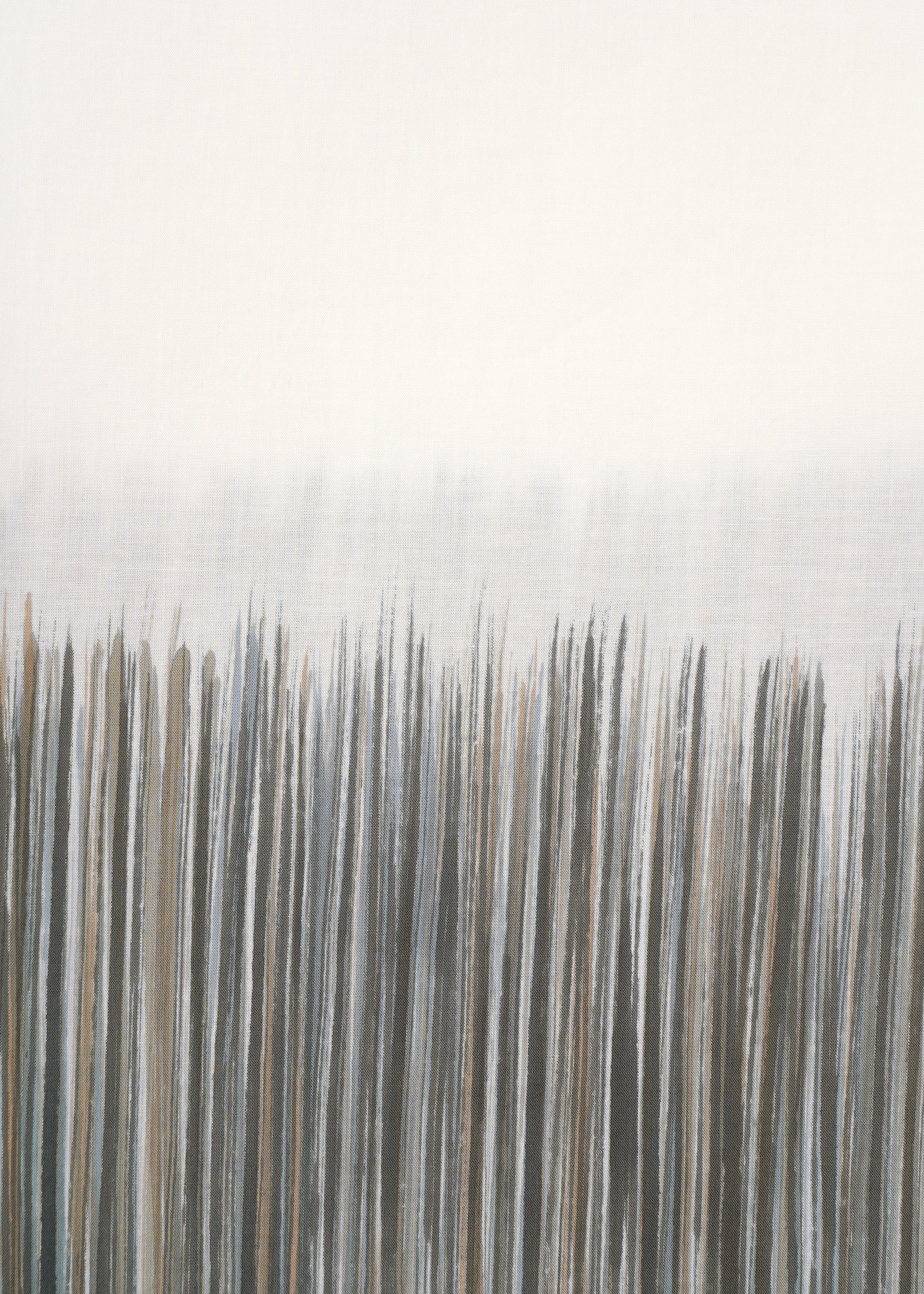 Zoomed view SAZANAMI by HaaT features abstract vertical brushstrokes in gray, black, and brown fading into off-white, evoking Kyoto artisan artistry and the feel of hand-painted designs on organic cotton.