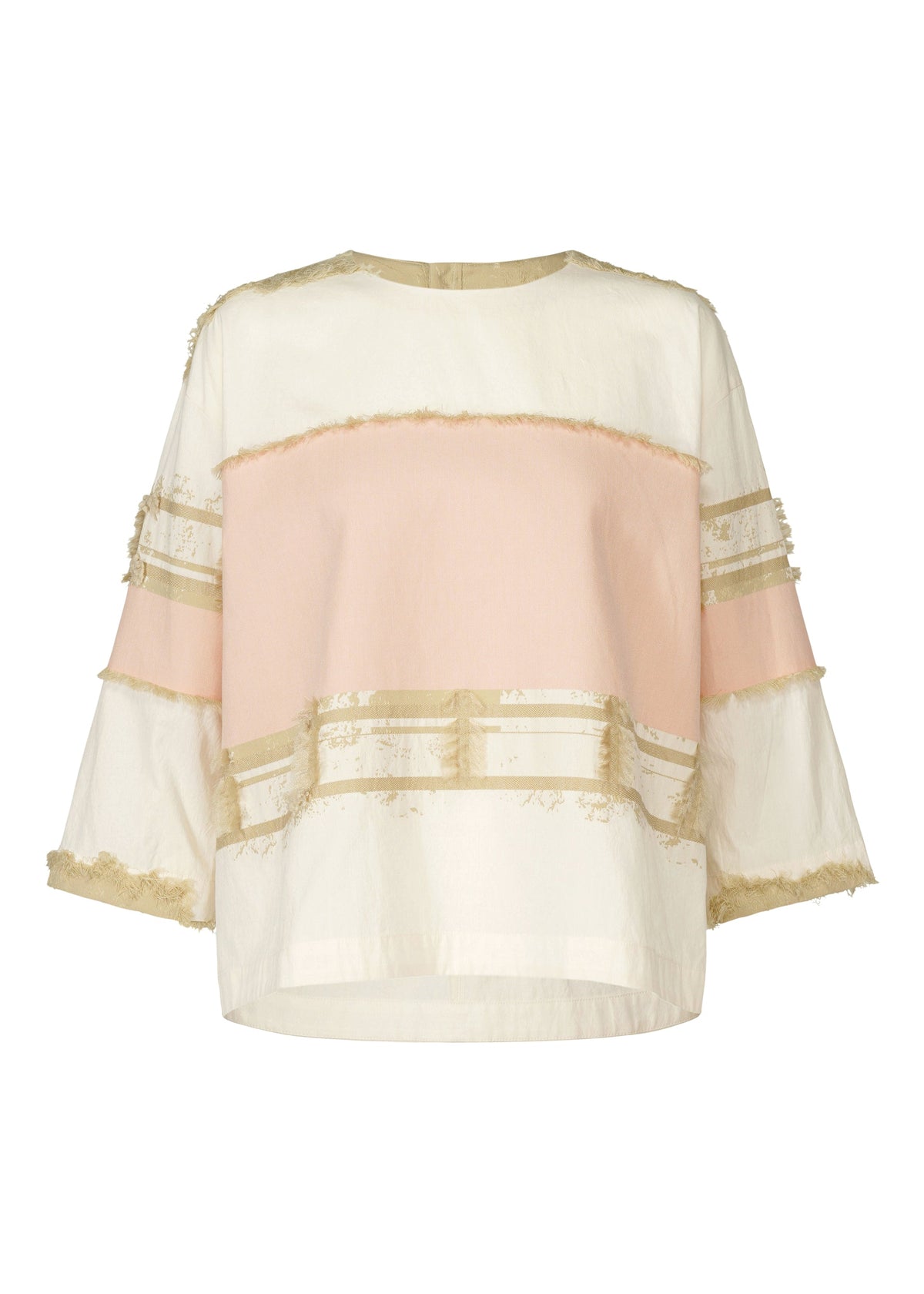 The HaaT KASANEGAKE is a loose-fit jacquard top with three-quarter sleeves and a round neckline, featuring cream, blush pink, and beige horizontal blocks with frayed textured trim for added charm. view 1 of 7