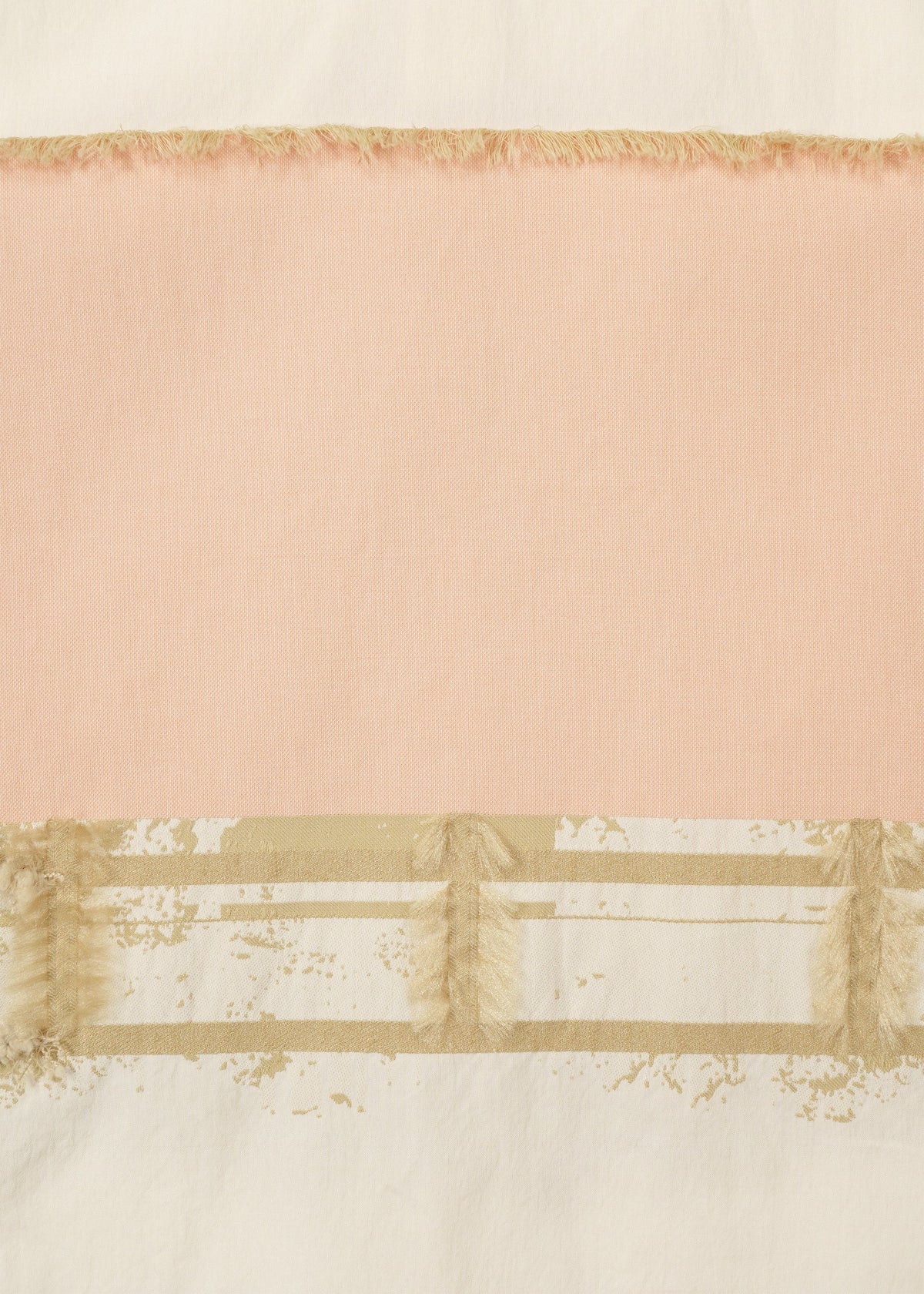 The HaaT KASANEGAKE top features jacquard weaving with a broad horizontal pink stripe, beige fringe borders, off-white panels, and a lower section adorned with beige accents and distressed details. view 4 of 7