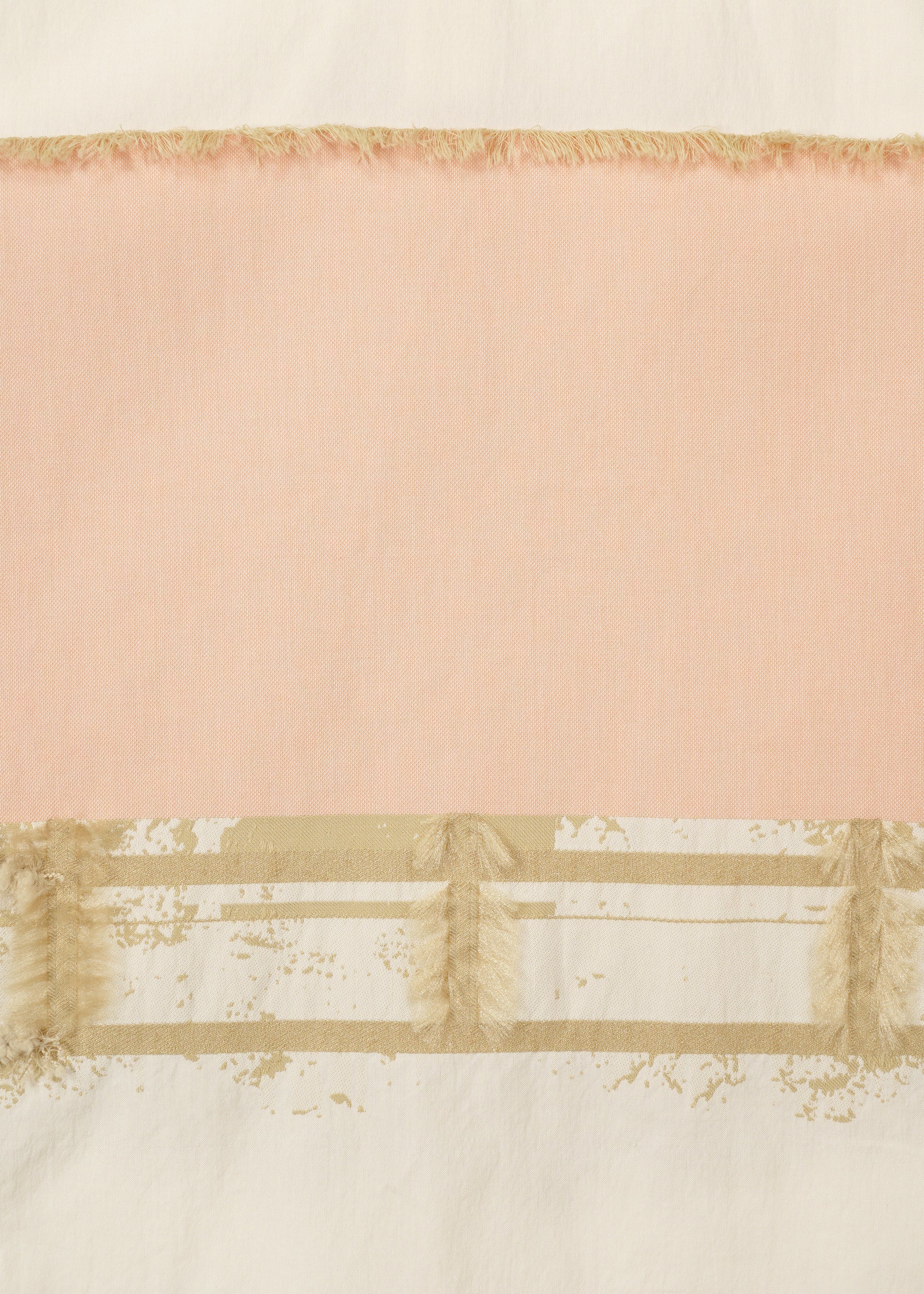 Zoomed view The HaaT KASANEGAKE top features jacquard weaving with a broad horizontal pink stripe, beige fringe borders, off-white panels, and a lower section adorned with beige accents and distressed details.