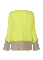 The HaaT KYO CHIJIMI STREAM is a long-sleeve, loose-fit top in crinkled fabric. Its upper part is bright yellow; the lower area and sleeve ends are light gray. The back view of the garment is shown.