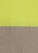 The top half of HaaT’s KYO CHIJIMI STREAM shows a bright yellow, lightweight textured surface, while the bottom is gray; both feature wavy, crinkled patterns inspired by traditional KYO CHIJIMI fabric.
