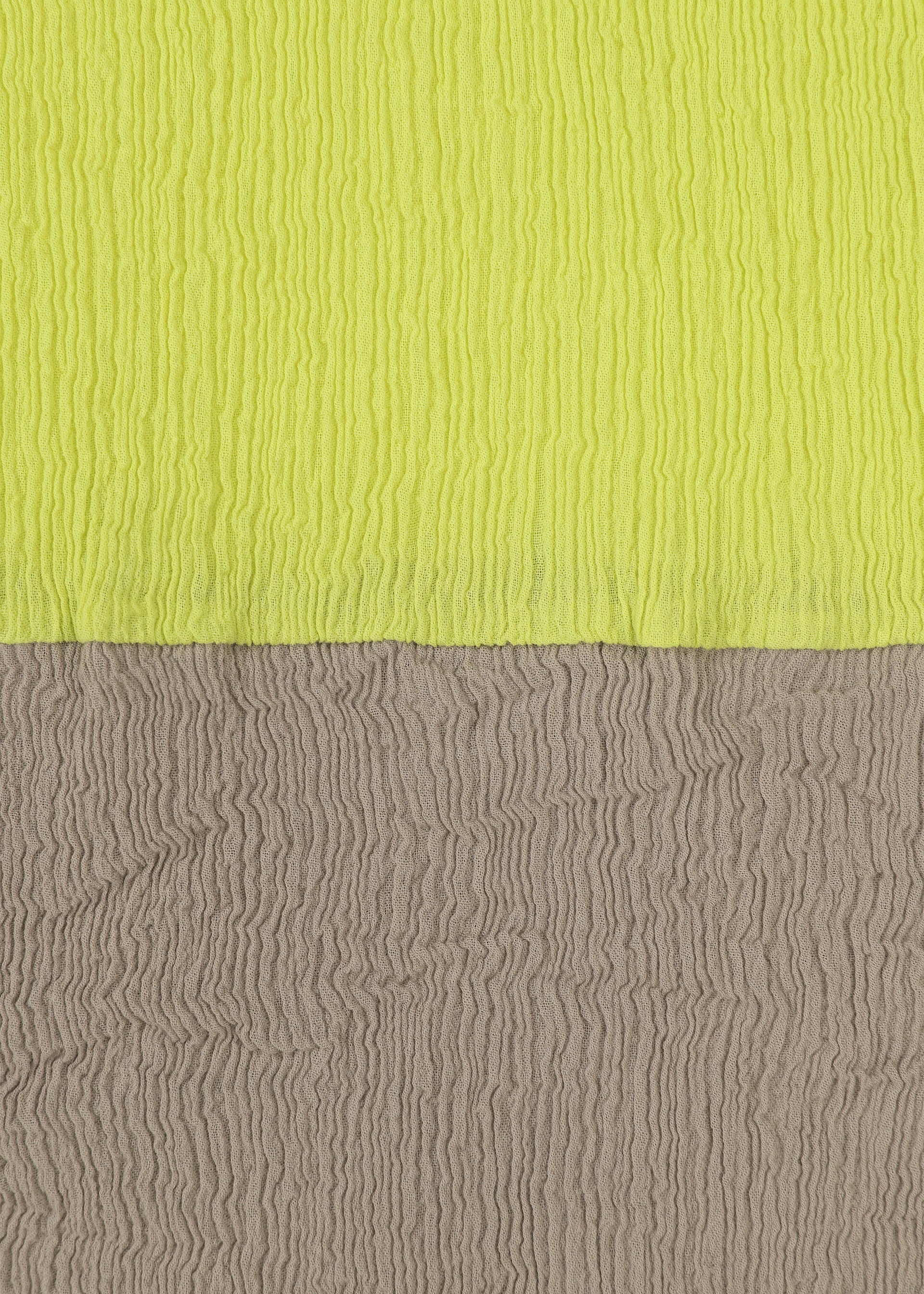 Zoomed view The top half of HaaT’s KYO CHIJIMI STREAM shows a bright yellow, lightweight textured surface, while the bottom is gray; both feature wavy, crinkled patterns inspired by traditional KYO CHIJIMI fabric.