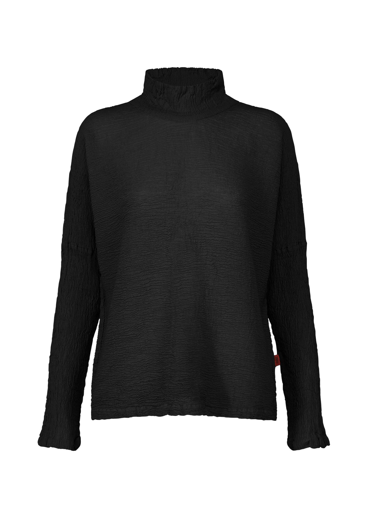 The HaaT KYO CHIJIMI 2WAY JANUARY 1 is a black, high-neck, long-sleeved top with garment dyeing for rich texture, a relaxed fit, and subtly flared cuffs—shown on a white background. view 2 of 7