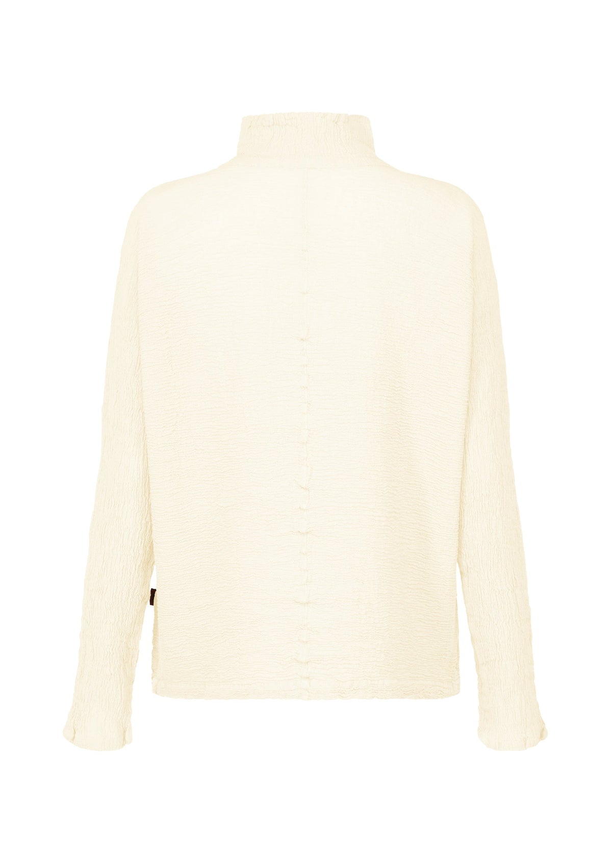 Back view of the HaaT KYO CHIJIMI 2WAY JANUARY 1 top in off-white, with subtle vertical seams, a high neck, long sleeves, and garment-dyed, softly crinkled fabric for a textured finish. view 3 of 7
