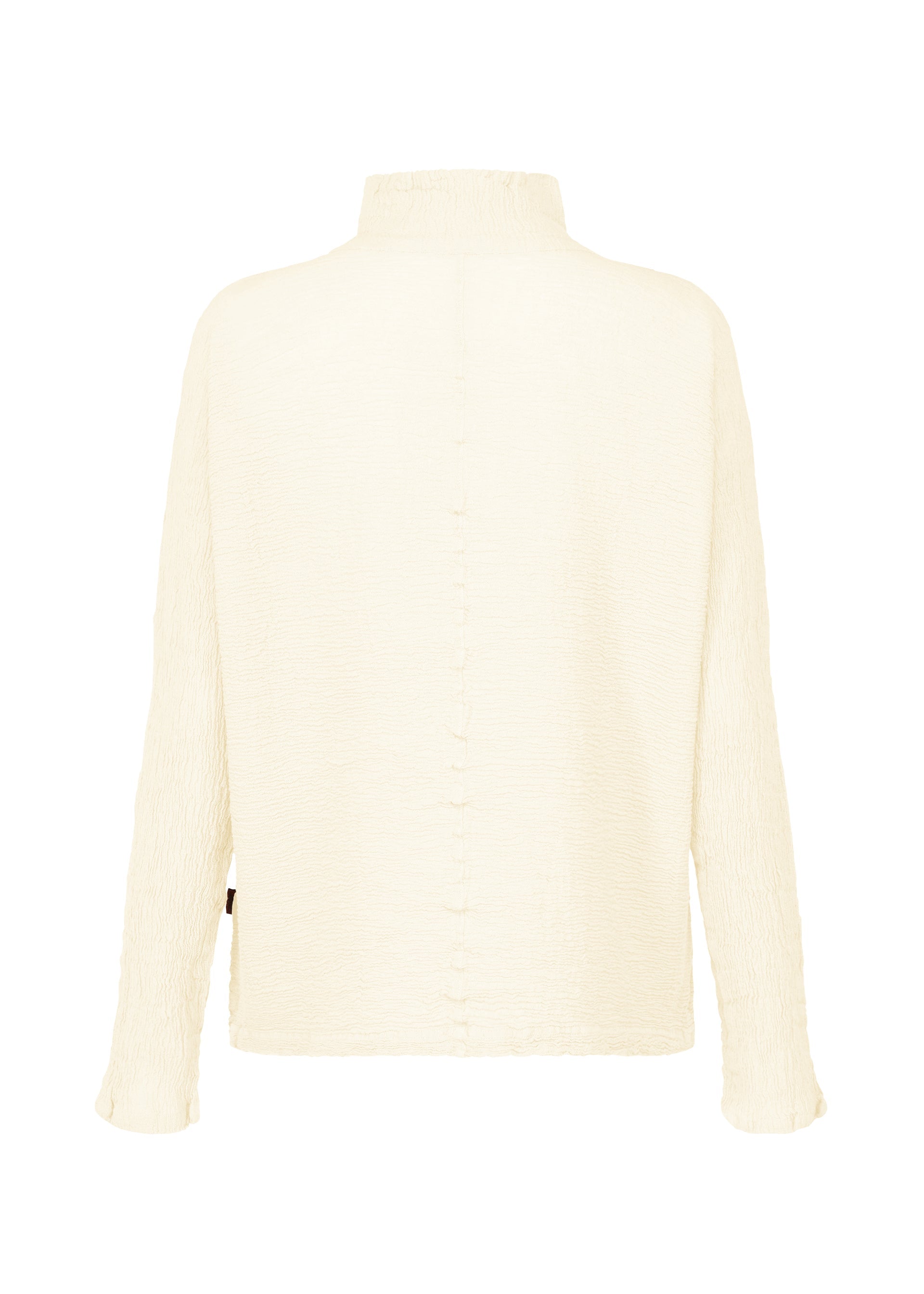 Zoomed view Back view of the HaaT KYO CHIJIMI 2WAY JANUARY 1 top in off-white, with subtle vertical seams, a high neck, long sleeves, and garment-dyed, softly crinkled fabric for a textured finish.