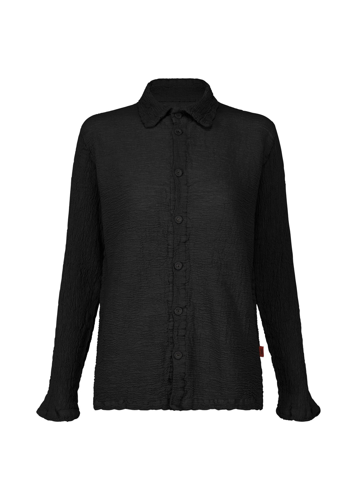 The HaaT KYO CHIJIMI 2WAY JANUARY 1 is a black, long-sleeved shirt with a collar and textured fabric, crafted with garment dyeing techniques. It’s shown against a plain white background. view 2 of 8