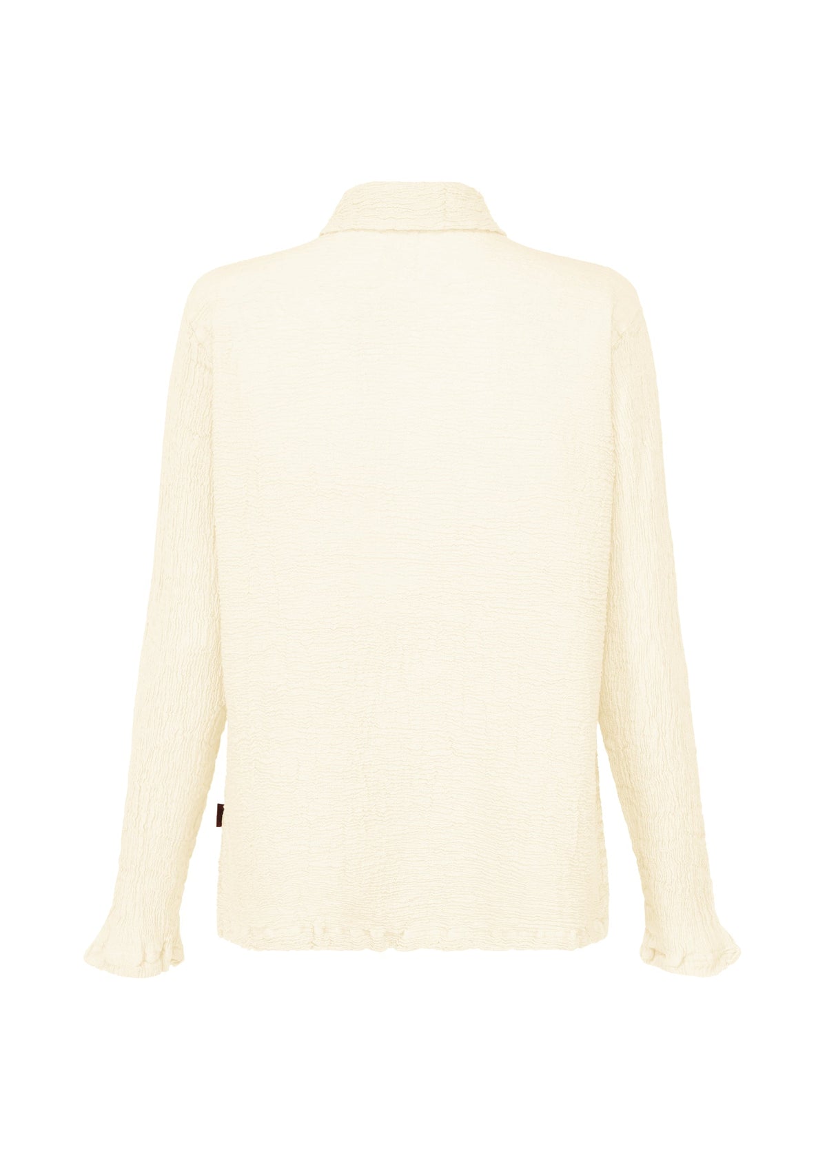 Back view of the HaaT KYO CHIJIMI 2WAY JANUARY 1 long-sleeved shirt in textured off-white, with collar and subtle ruffled cuffs. Garment dyeing adds unique character. Displayed on a plain white background. view 3 of 8