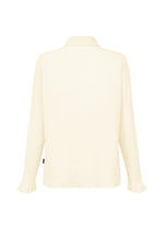 Back view of the HaaT KYO CHIJIMI 2WAY JANUARY 1 long-sleeved shirt in textured off-white, with collar and subtle ruffled cuffs. Garment dyeing adds unique character. Displayed on a plain white background.