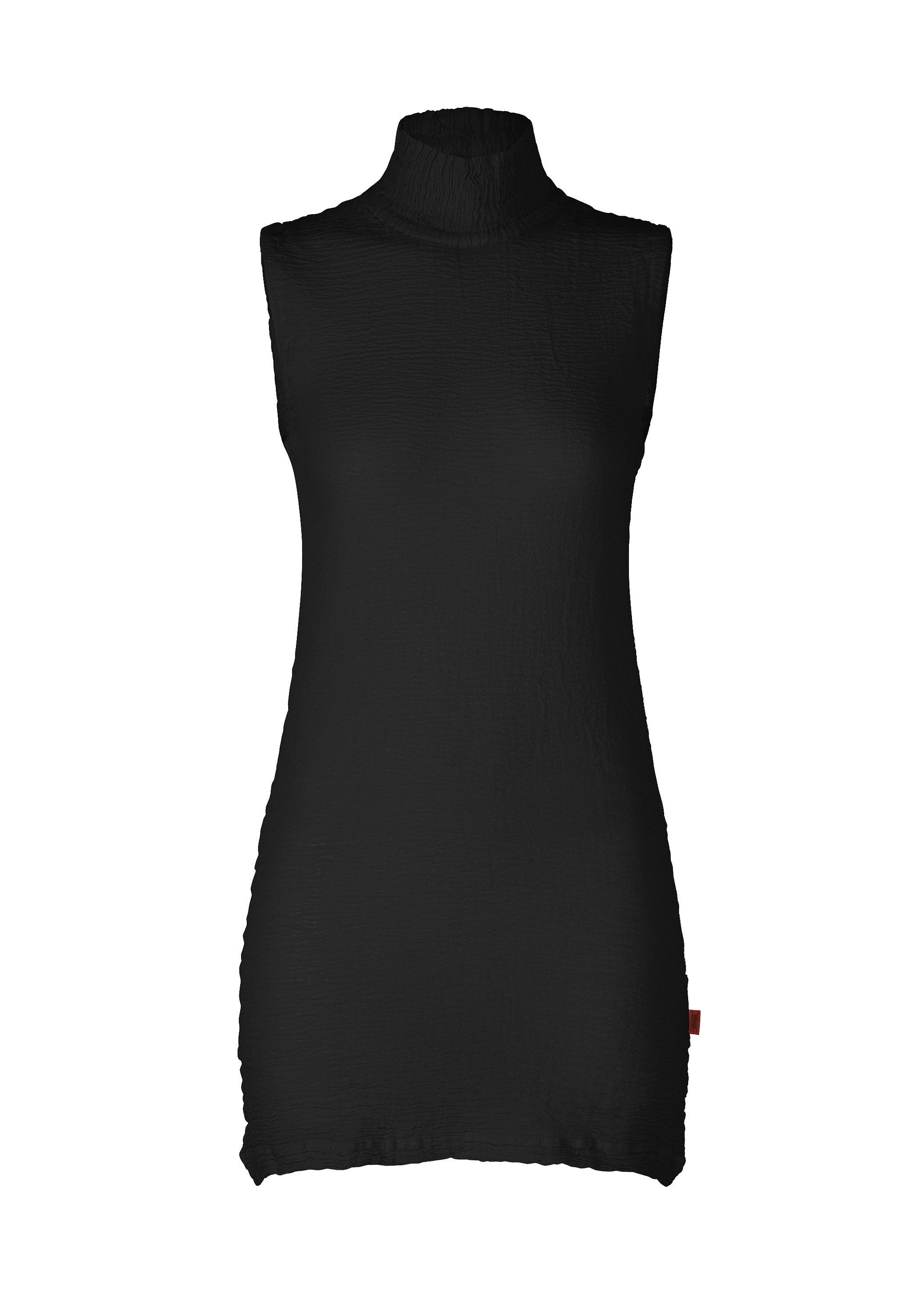 Zoomed view The HaaT KYO CHIJIMI 2WAY JUNE 1 is a sleeveless black turtleneck top, crafted with hard-twist yarn for subtle texture and a fitted silhouette, shown against a white background. - BLACK （no.15）