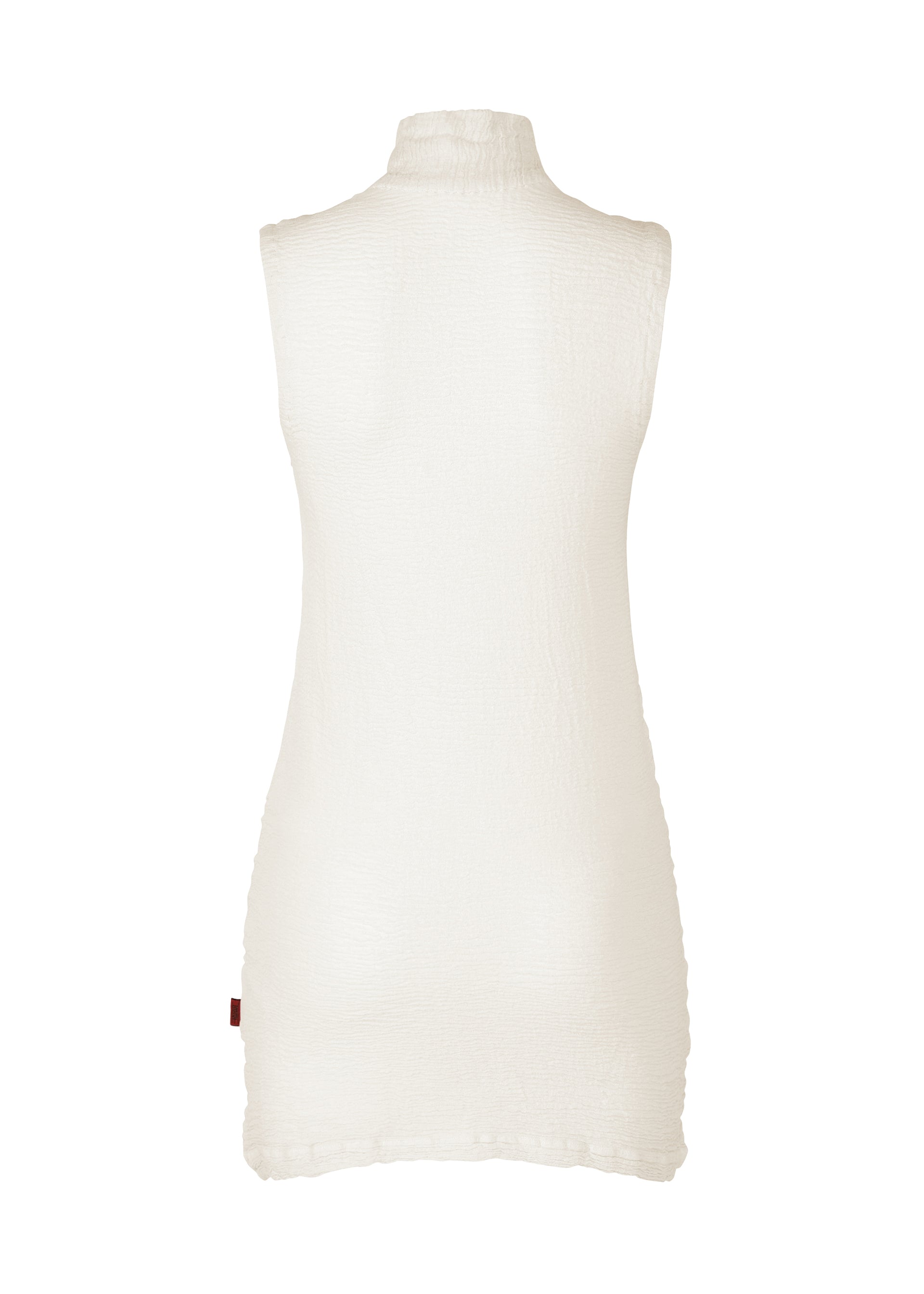 Zoomed view The KYO CHIJIMI 2WAY JUNE 1 by HaaT is a sleeveless, high-neck white dress made from textured hard-twist yarn fabric, displayed from the back against a plain white background.