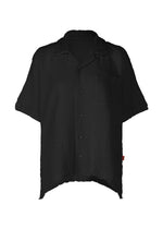 The HaaT KYO CHIJIMI 2WAY JUNE 1 is a loose-fitting, short-sleeve black shirt with textured fabric, a relaxed collar, single chest pocket, and features unique product dyeing. - BLACK （no.15）