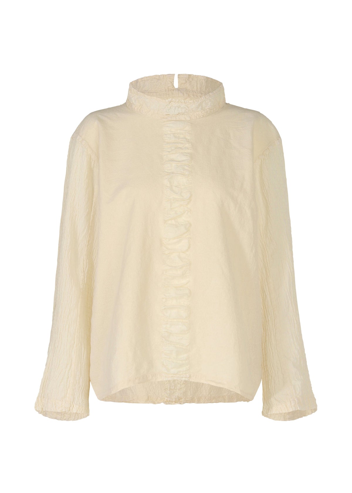 The TENMOKU COTTON top by HaaT features ivory, long sleeves, a high neckline, subtle textured garment-dyed fabric, and a vertical ruffled panel. This blouse offers a loose fit with a slightly curved hem. view 1 of 7