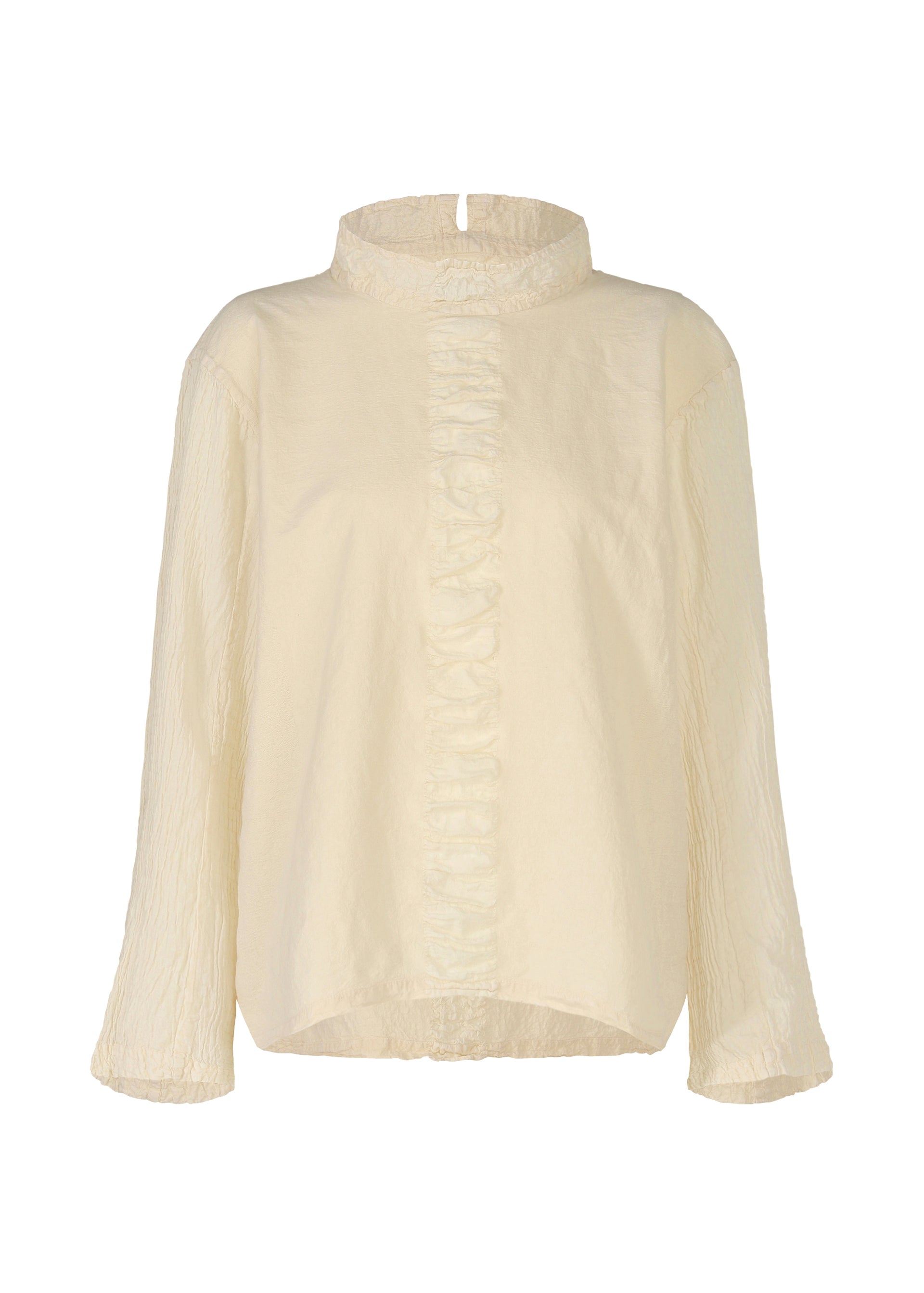 Zoomed view The TENMOKU COTTON top by HaaT features ivory, long sleeves, a high neckline, subtle textured garment-dyed fabric, and a vertical ruffled panel. This blouse offers a loose fit with a slightly curved hem. - LIGHT BEIGE （no.40）