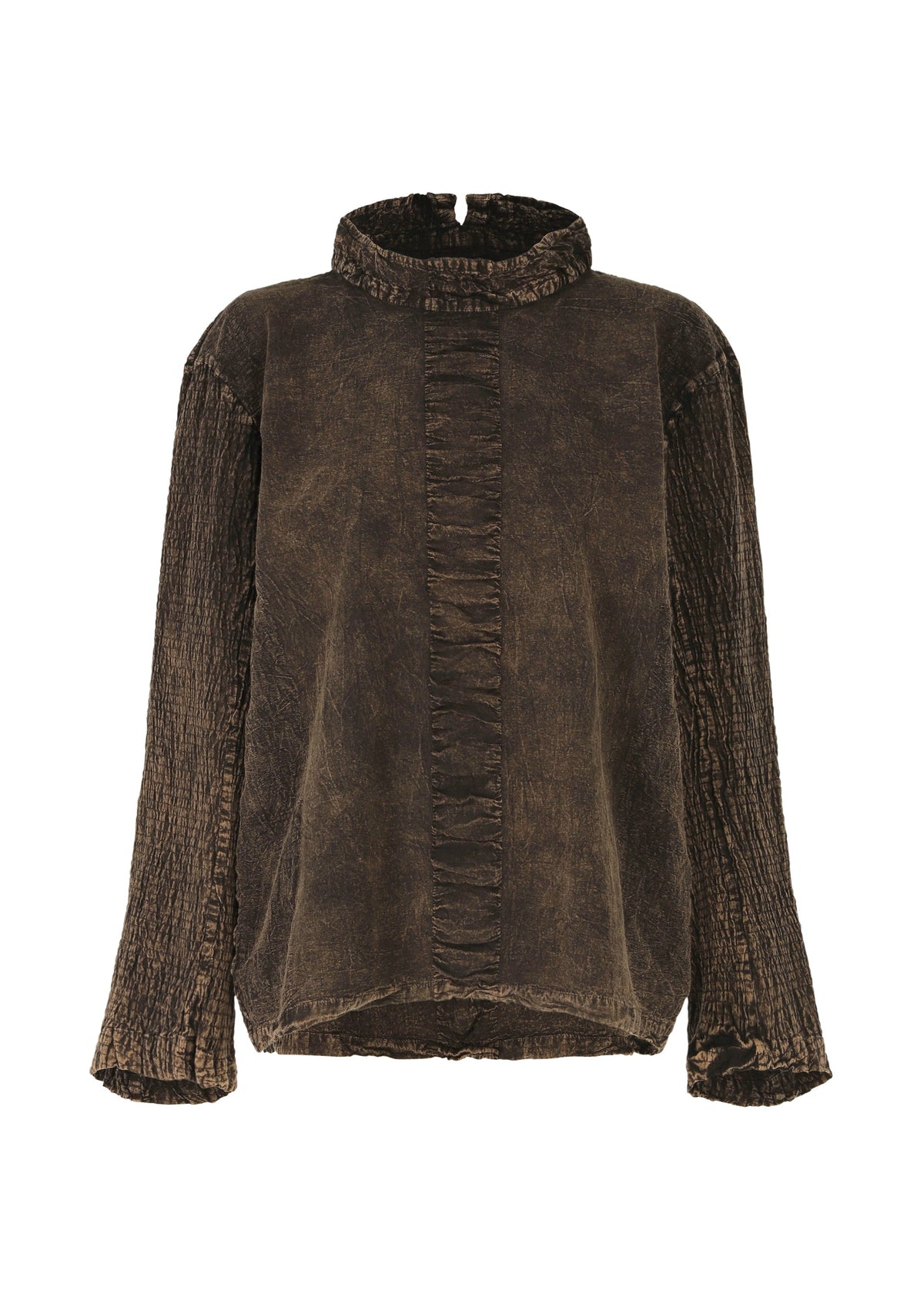 The TENMOKU COTTON top by HaaT is a brown, long-sleeved, high-neck style in textured garment-dyed fabric. It features ruffled front seam detail, gathered sleeves and neck, plus a gently rounded hem for a stylish finish. view 2 of 7