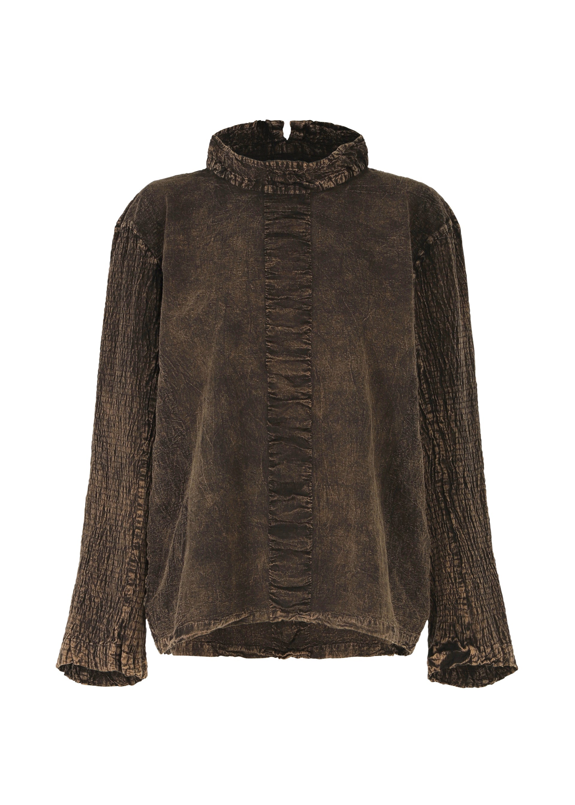 Zoomed view The TENMOKU COTTON top by HaaT is a brown, long-sleeved, high-neck style in textured garment-dyed fabric. It features ruffled front seam detail, gathered sleeves and neck, plus a gently rounded hem for a stylish finish. - BROWN （no.44）
