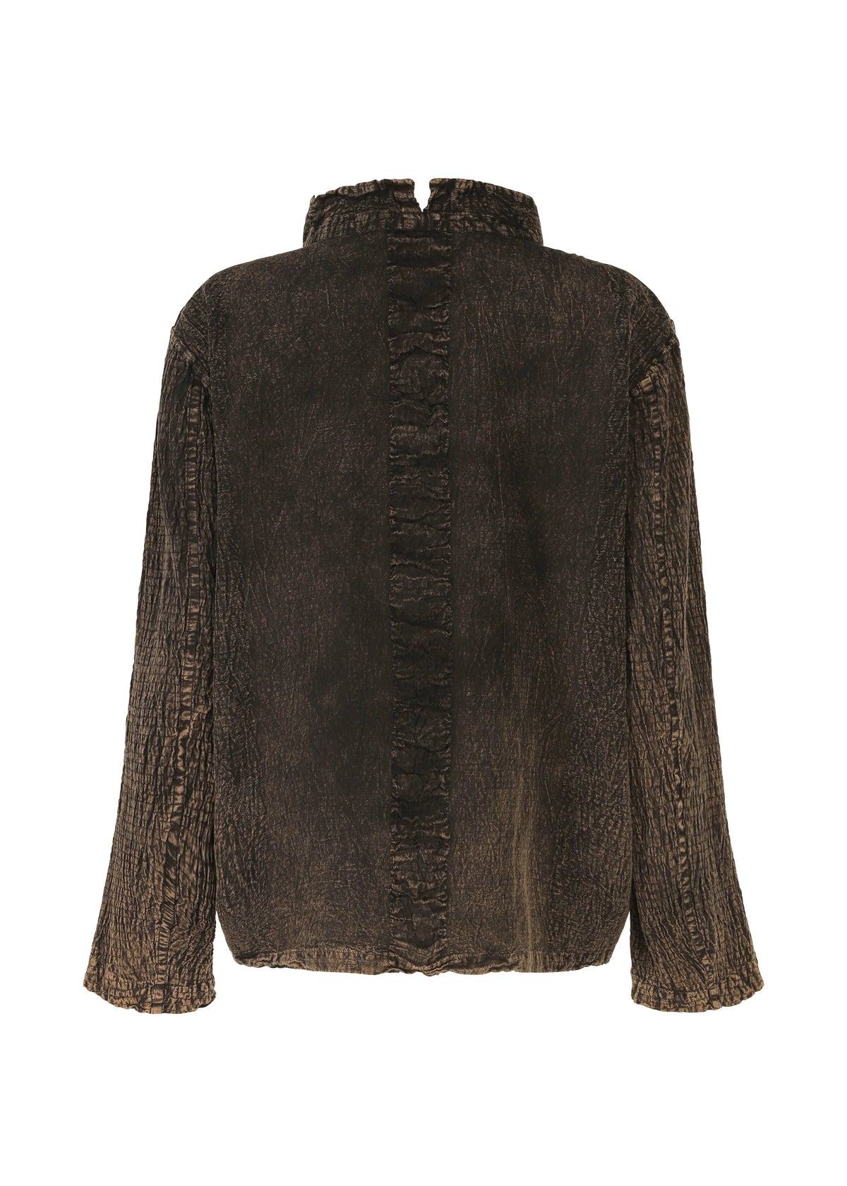The HaaT TENMOKU COTTON jacket is long-sleeved and garment-dyed brown, shown from the back with a high collar and vertical seam detailing down the center and sleeves. view 3 of 7